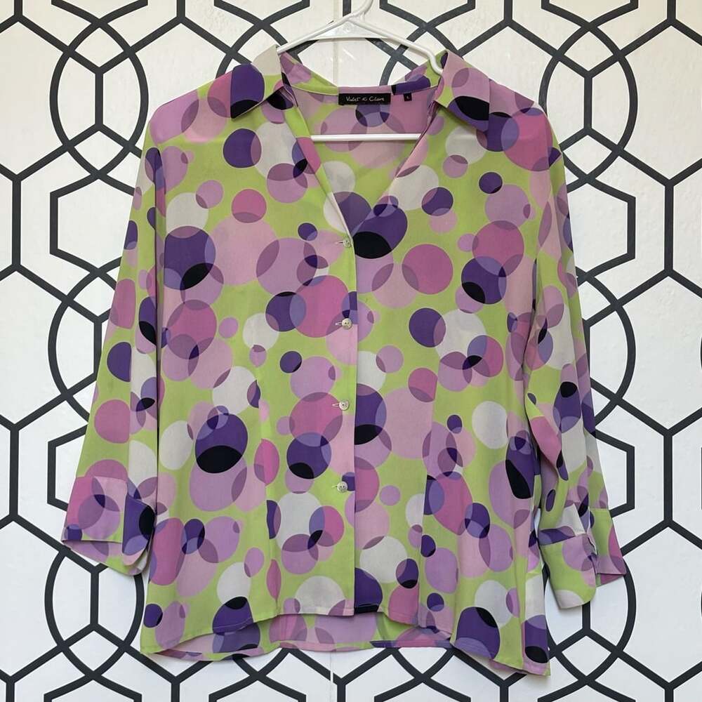 Violet & Claire Polka Dot Button Up Shirt Size L Green Purple Chiffon